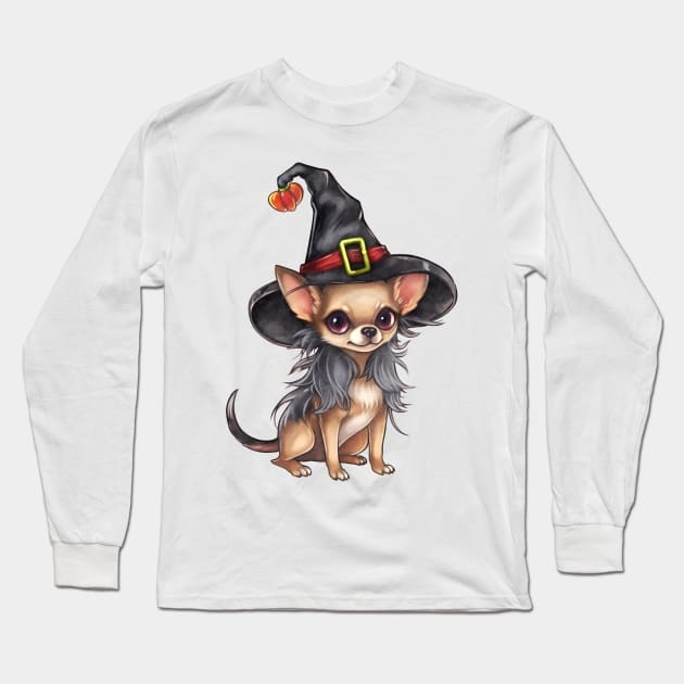 Watercolor Chihuahua Dog in Witch Hat Long Sleeve T-Shirt by Chromatic Fusion Studio